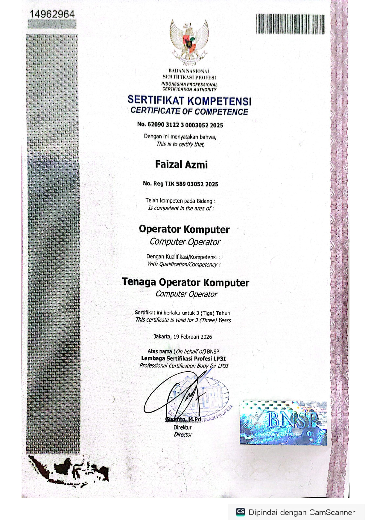 Sertifikat Tenaga Operator Komputer